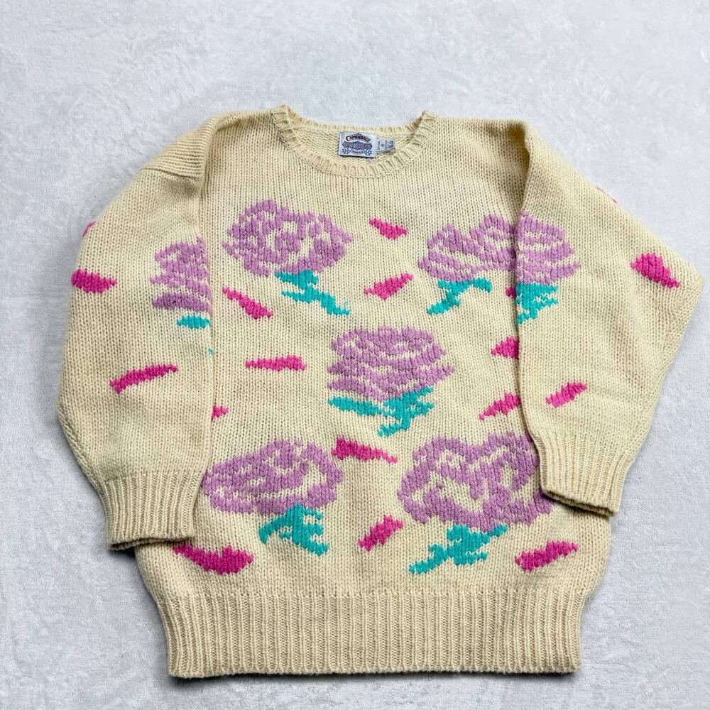 Cambridge Dry Goods Women's Sweater Cream Size M 100% Wool Floral 90s Vintage